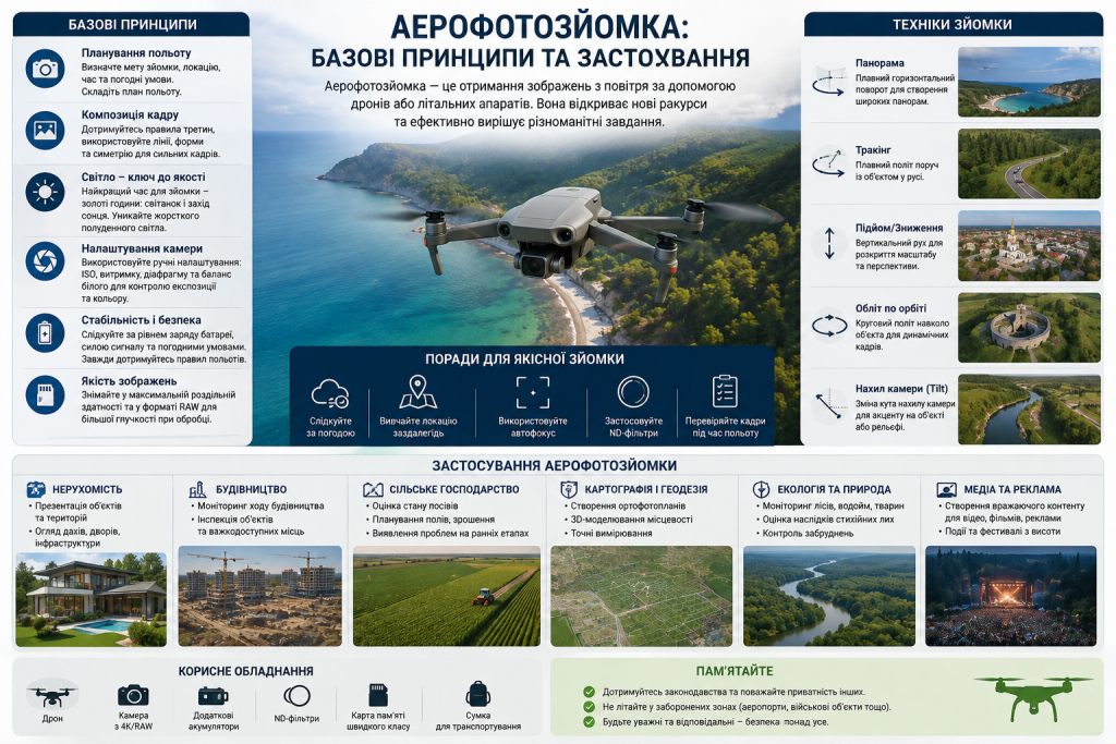 Інфографіка про основи аерофотозйомки дроном, техніки зйомки та сфери застосування.