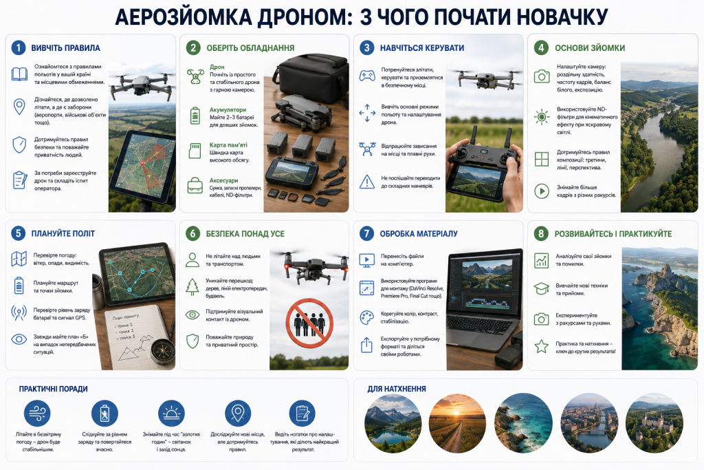 Інфографіка для початківців про аерозйомку дроном з порадами щодо вибору обладнання, навчання польотам, безпеки, планування та обробки відео.