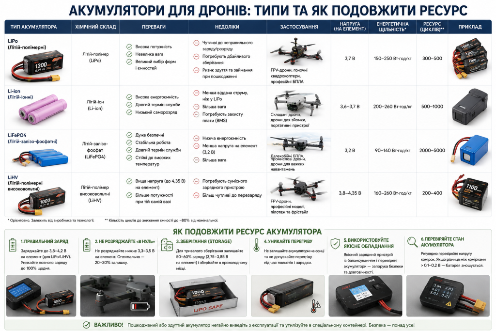 Інфографіка про типи акумуляторів для дронів, їхні характеристики, переваги, недоліки, сфери застосування та поради щодо правильного заряджання і зберігання.