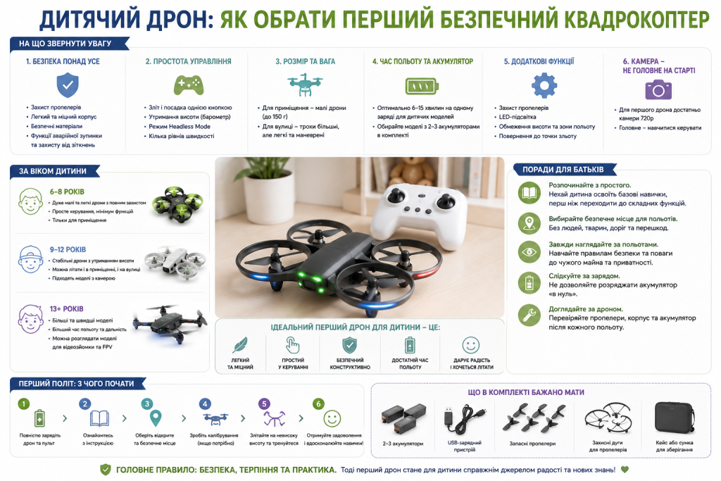 Інфографіка з порадами щодо вибору першого безпечного квадрокоптера для дитини.
