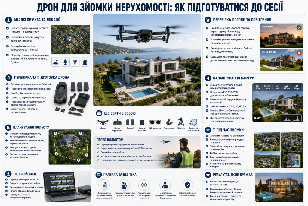 Інфографіка з підготовки дрона до зйомки нерухомості, налаштування камери, планування польоту та правил безпеки.