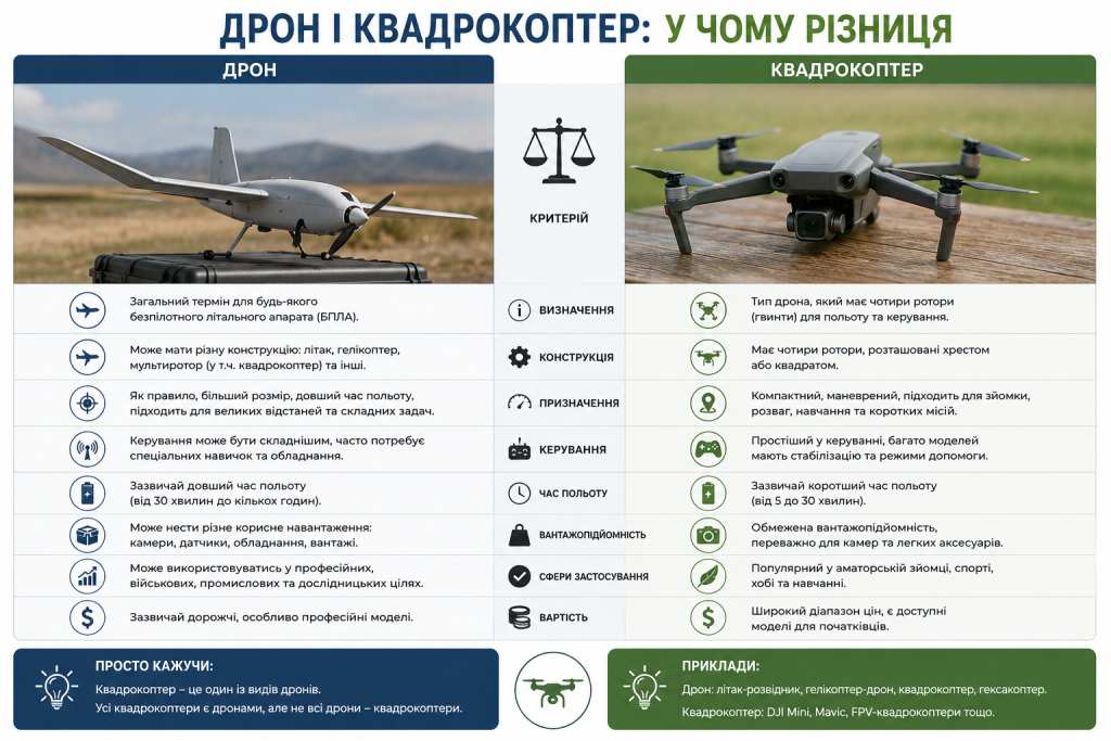 Порівняльна інфографіка про відмінності між дроном та квадрокоптером.