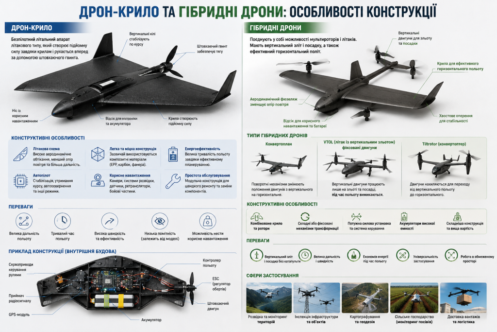 Інфографіка про будову дрона-крила, гібридних БПЛА, їх конструкцію, переваги та сфери застосування.