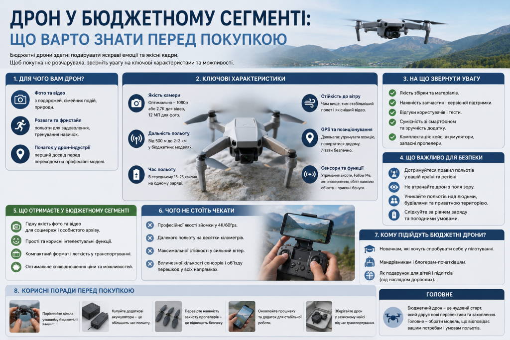 Інфографіка про вибір бюджетного дрона, основні характеристики, безпеку польотів, переваги та поради перед покупкою