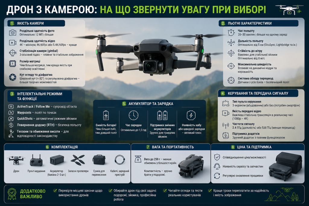 Інфографіка з основними критеріями вибору квадрокоптера з камерою для фото- та відеозйомки.