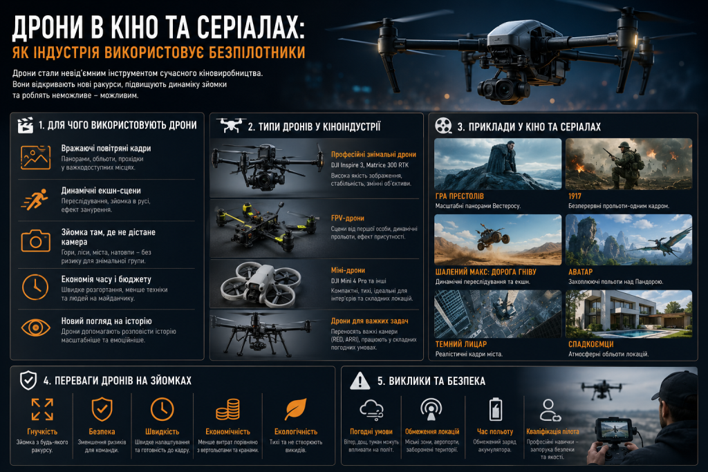 Інфографіка про застосування дронів у кіноіндустрії, типи БПЛА, переваги та приклади використання.