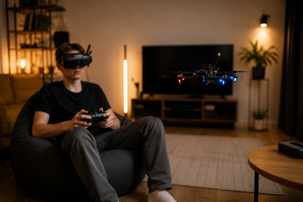 Перший FPV дрон для навчання: з чого почати новачку Хлопець у FPV-окулярах керує гоночним дроном, сидячи у вітальні.