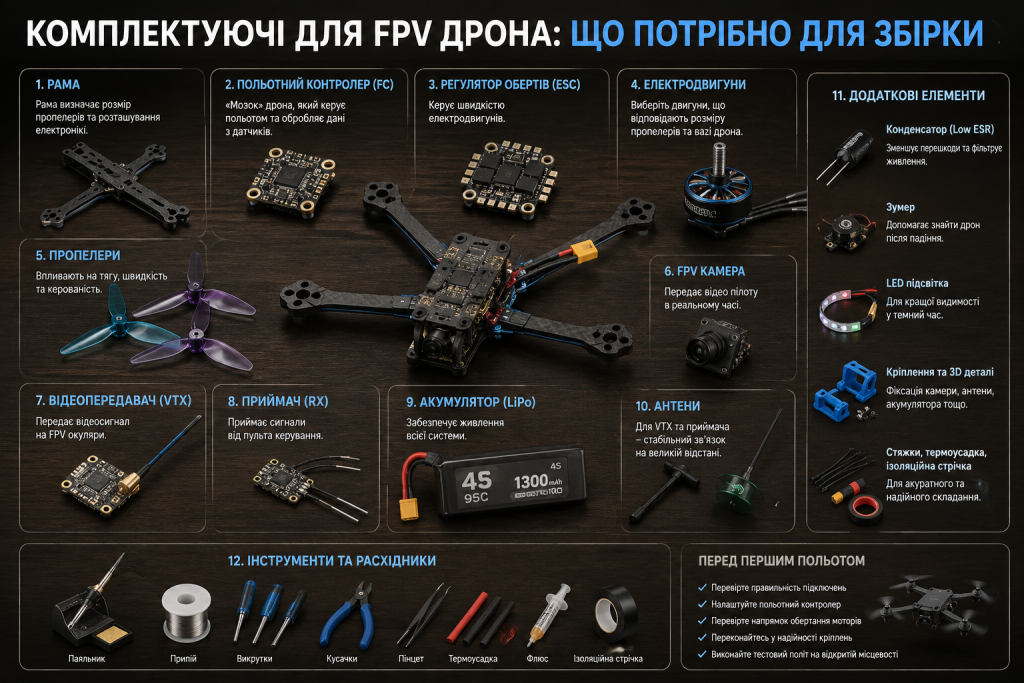 Інфографіка з основними комплектуючими для складання FPV-дрона: рамою, контролером, регулятором обертів, двигунами, камерою, акумулятором та антенами.