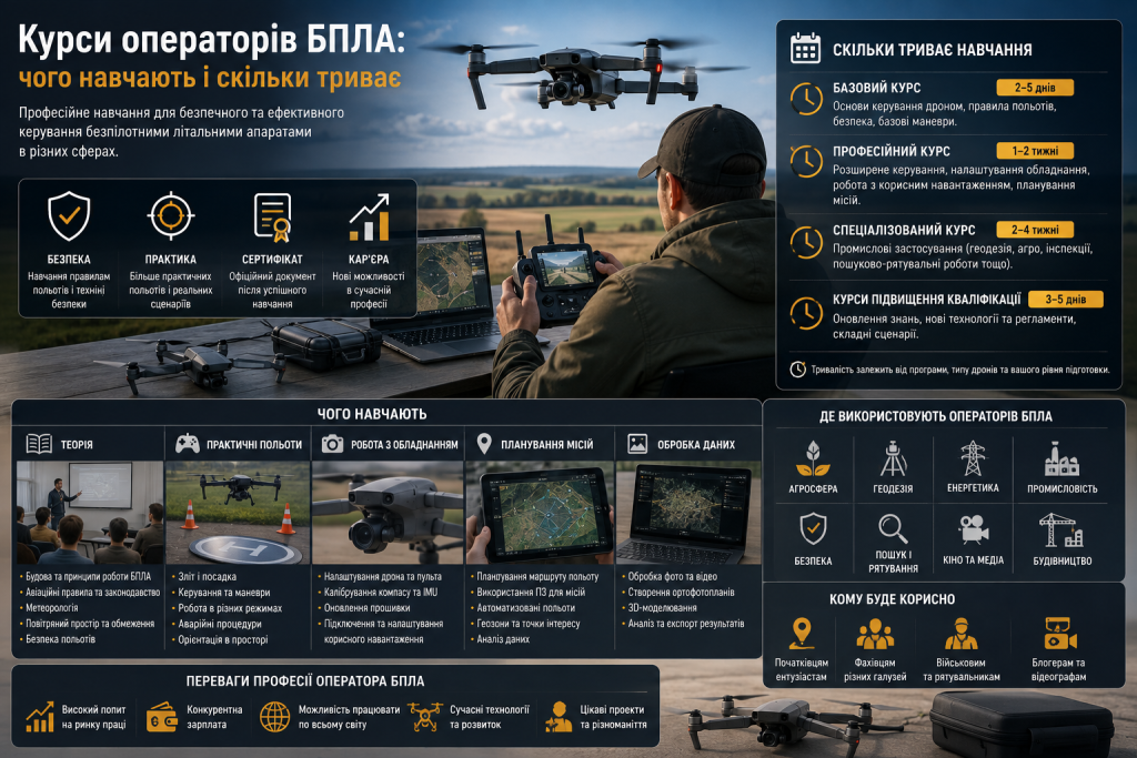 Інфографіка про навчання операторів БПЛА, програму курсів, тривалість та сфери застосування.