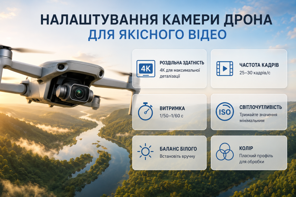 Інфографіка з рекомендованими параметрами камери дрона для зйомки якісного відео