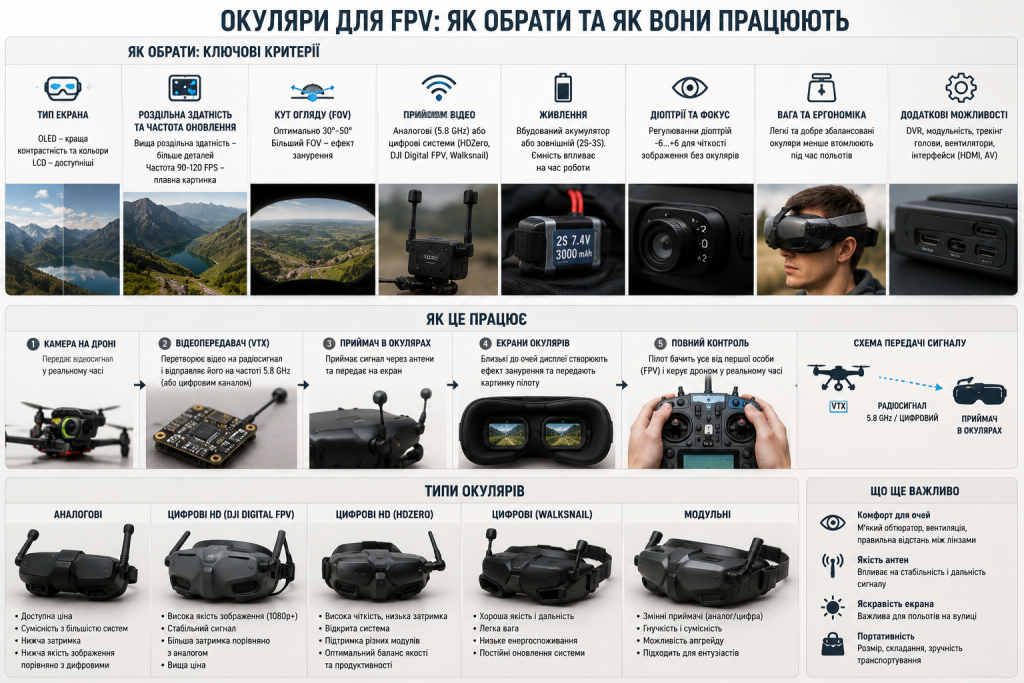 Інфографіка про FPV-окуляри, принцип роботи, типи, критерії вибору та особливості використання.