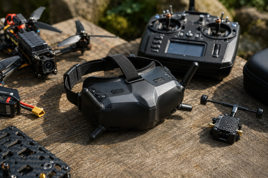 Окуляри для FPV: очі пілота під час польоту FPV-окуляри, пульт керування, дрон і комплектуючі для польотів на відкритій місцевості.