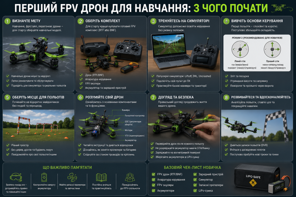Інфографіка для початківців із рекомендаціями щодо навчання польотам на FPV-дроні.
