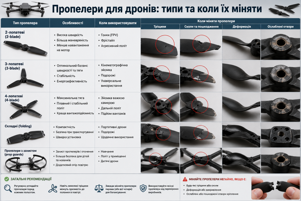 Інфографіка про види пропелерів для дронів, ознаки зношення та випадки, коли потрібна заміна.
