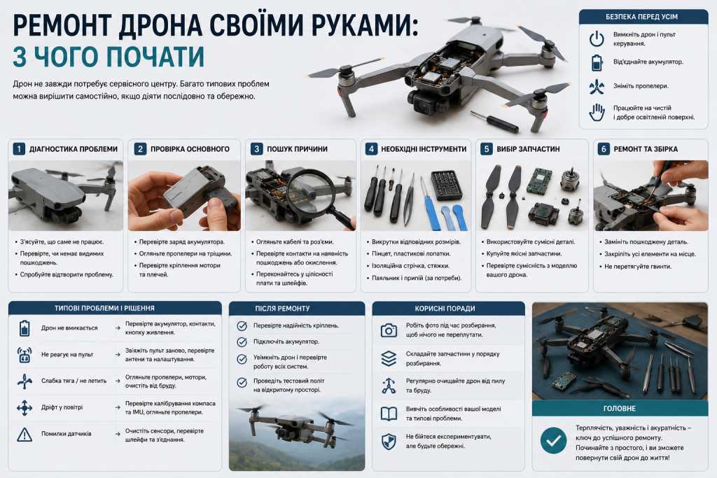 Інфографіка про ремонт дрона своїми руками з етапами діагностики, перевірки деталей, вибору запчастин та складання