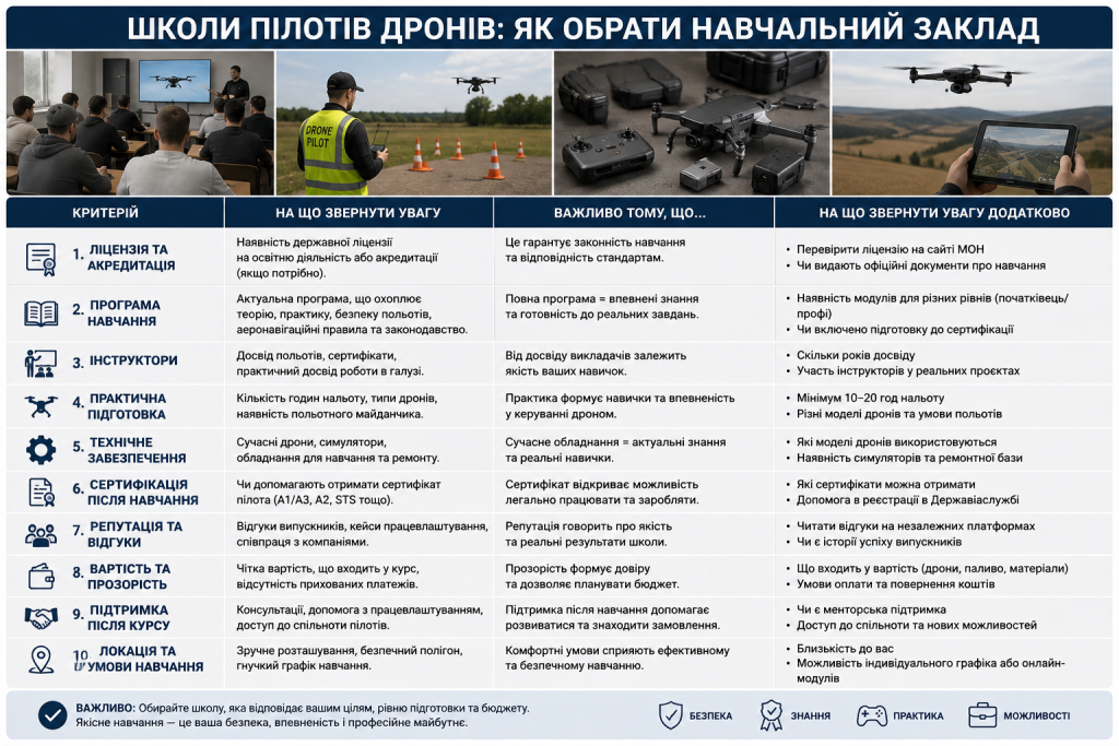 Інфографіка про критерії вибору школи пілотів дронів, програму навчання, практику, сертифікацію та вартість.