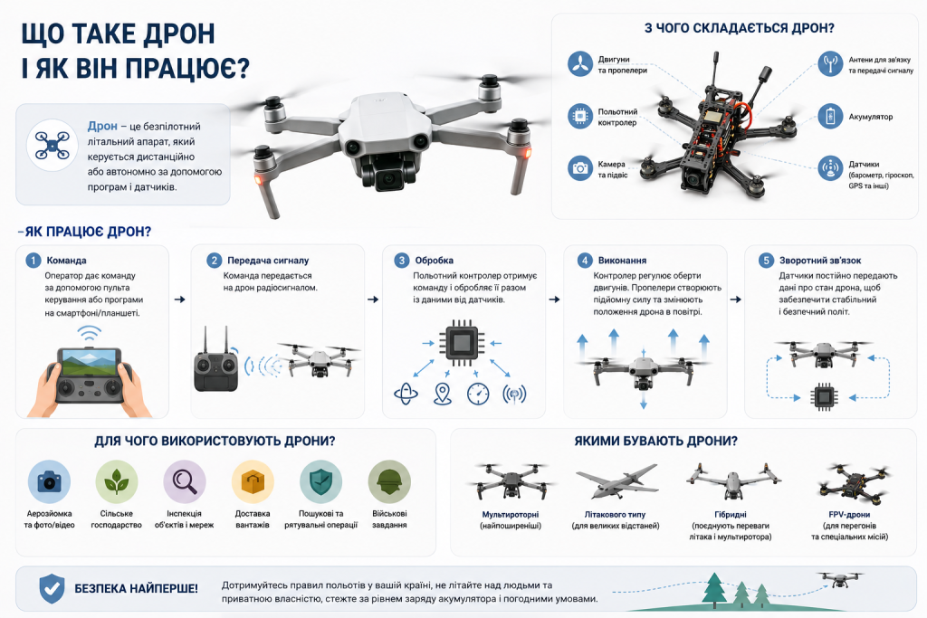 Інфографіка, що пояснює принцип роботи безпілотного літального апарата, його основні компоненти, етапи керування та сфери застосування.