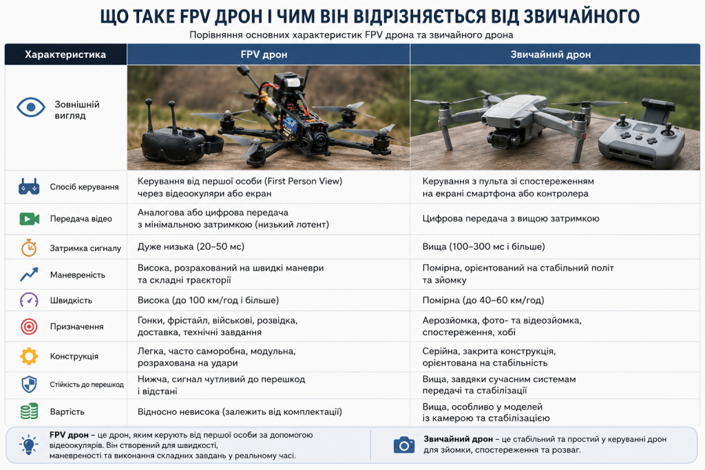 Порівняльна таблиця FPV-дрона та звичайного дрона за способом керування, швидкістю, затримкою сигналу, конструкцією, призначенням і вартістю.