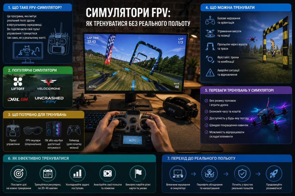 Інфографіка про FPV-симулятори, популярні програми, необхідне обладнання, переваги тренувань і перехід до реальних польотів.