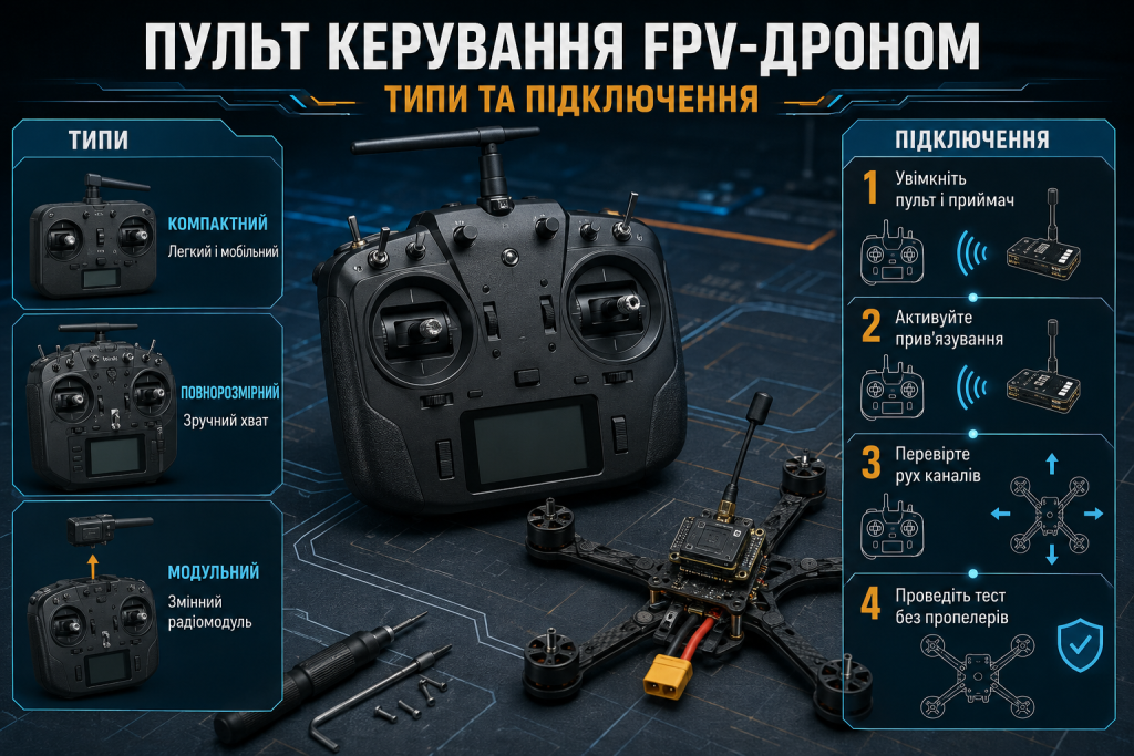 Інфографіка про типи пультів керування FPV-дронами та основні етапи підключення до приймача