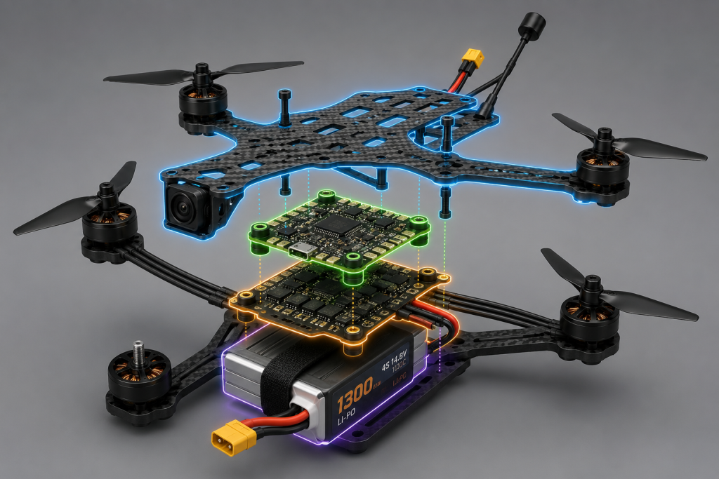 Вибухова технічна схема FPV-дрона із розділеними шарами рами, польотного контролера, електроніки, моторів, камери та акумулятора.