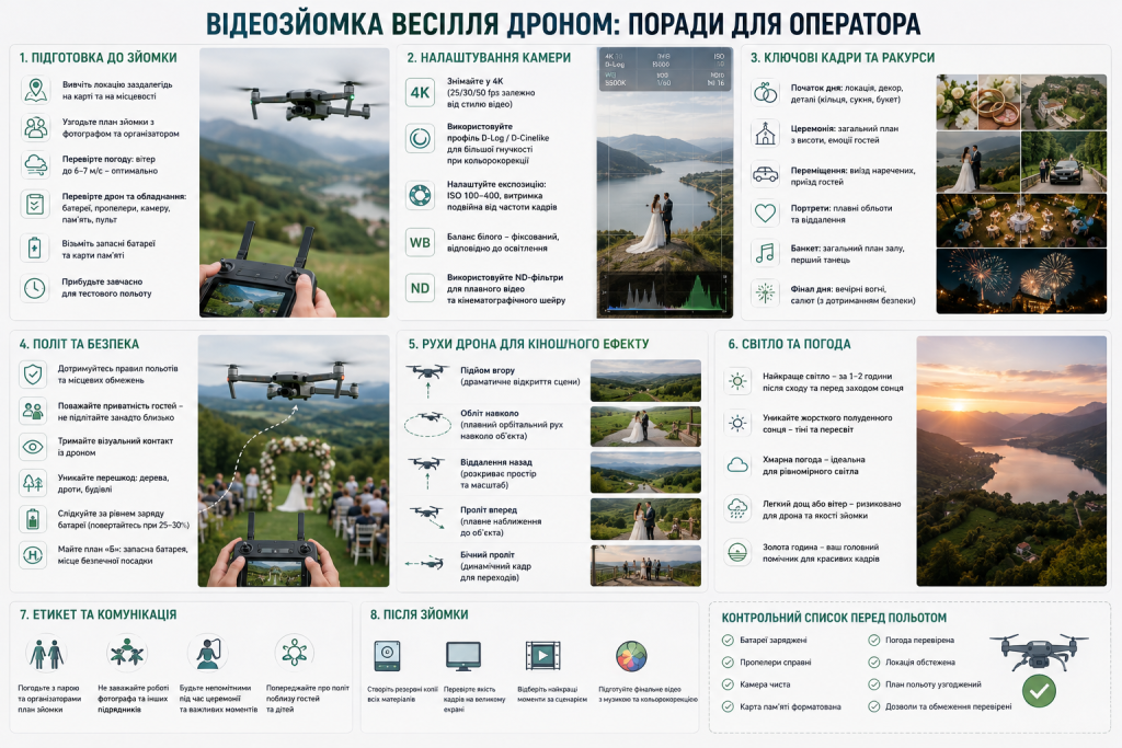 Інфографіка про підготовку, налаштування камери, безпеку та зйомку весілля за допомогою дрона.