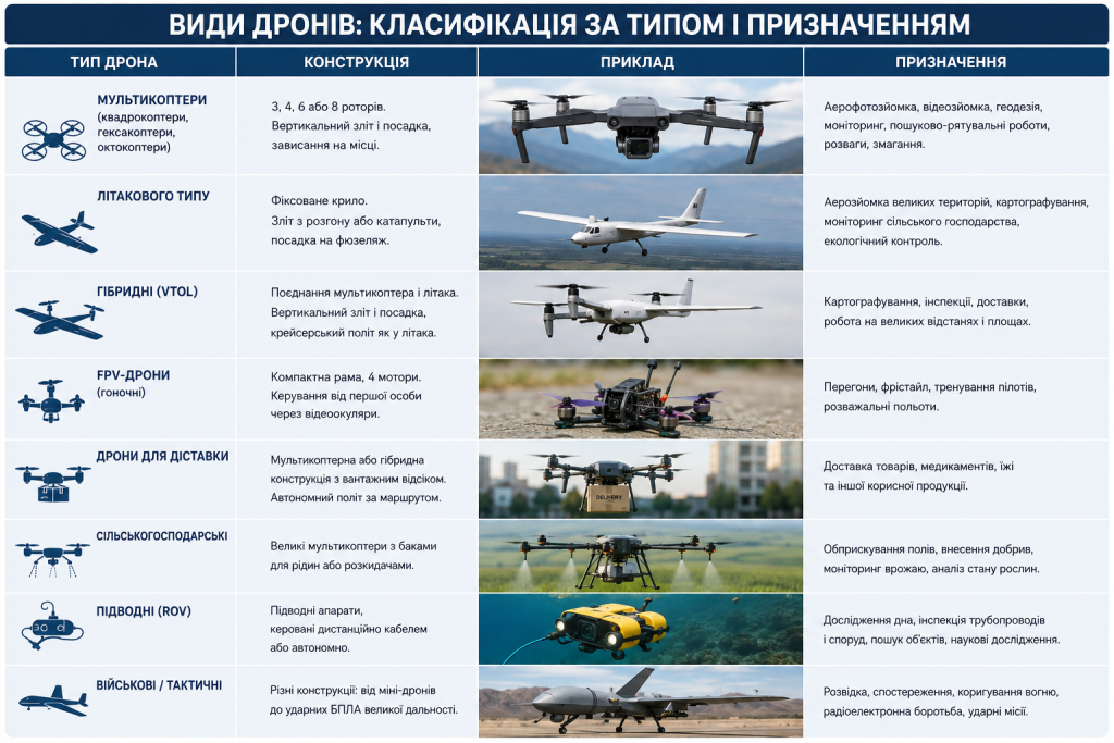 Інфографіка з класифікацією дронів за конструкцією, типом та основними сферами використання.