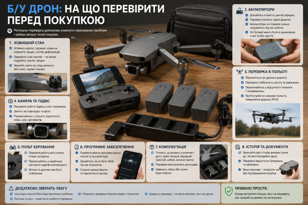 Інфографіка з основними пунктами перевірки вживаного дрона перед покупкою: корпусом, акумуляторами, камерою, пультом і польотними характеристиками.