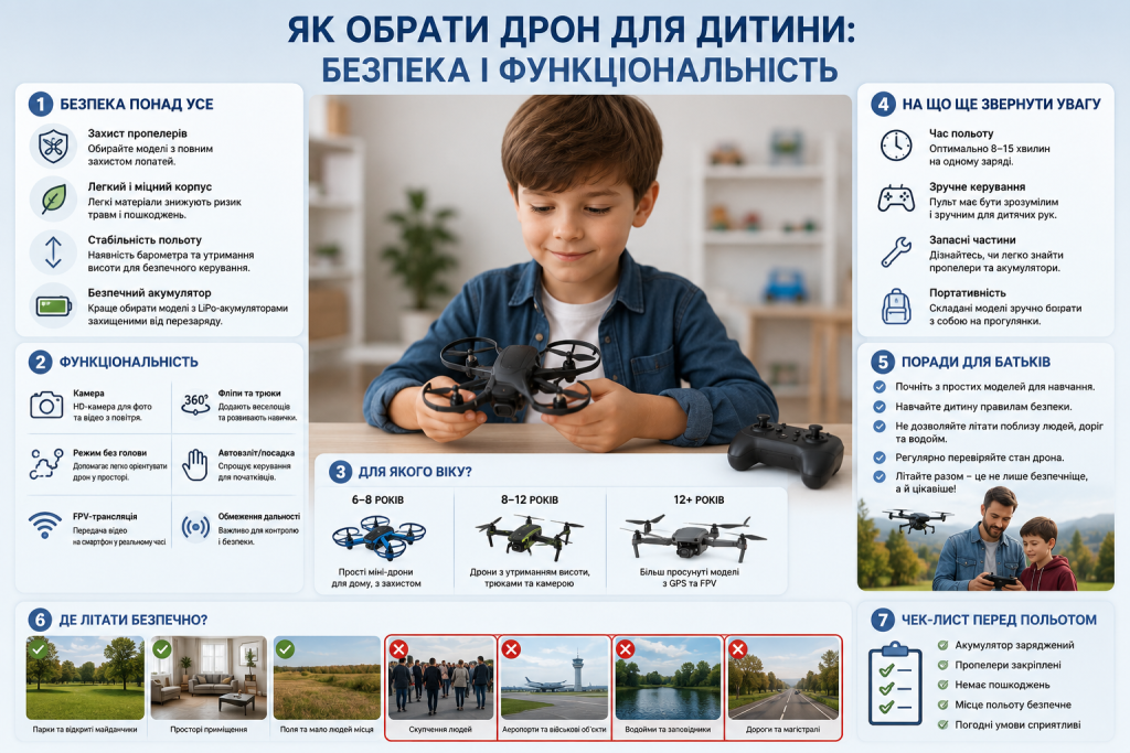 Інфографіка про вибір дитячого дрона, безпеку, функції, вікові рекомендації та чек-лист перед польотом.