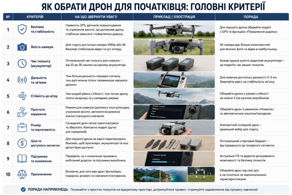 Інфографіка з основними критеріями вибору першого дрона: безпека, камера, час польоту, дальність, стійкість, портативність, ціна та підтримка.