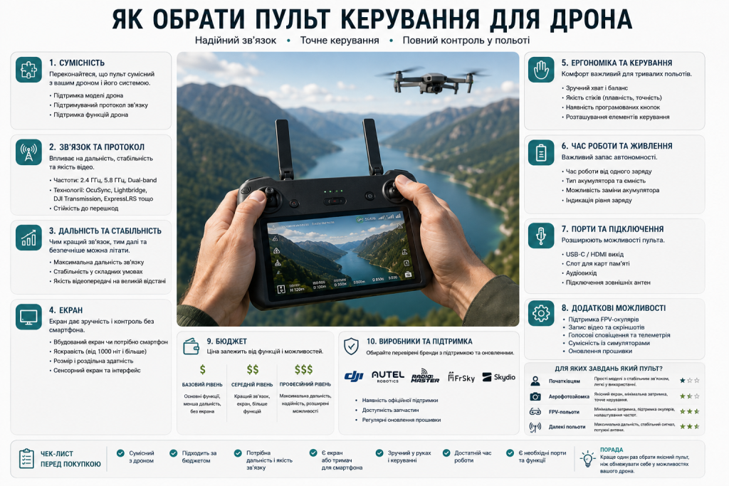 Інфографіка про вибір пульта керування для дрона: сумісність, дальність, екран, ергономіка, автономність і додаткові можливості.