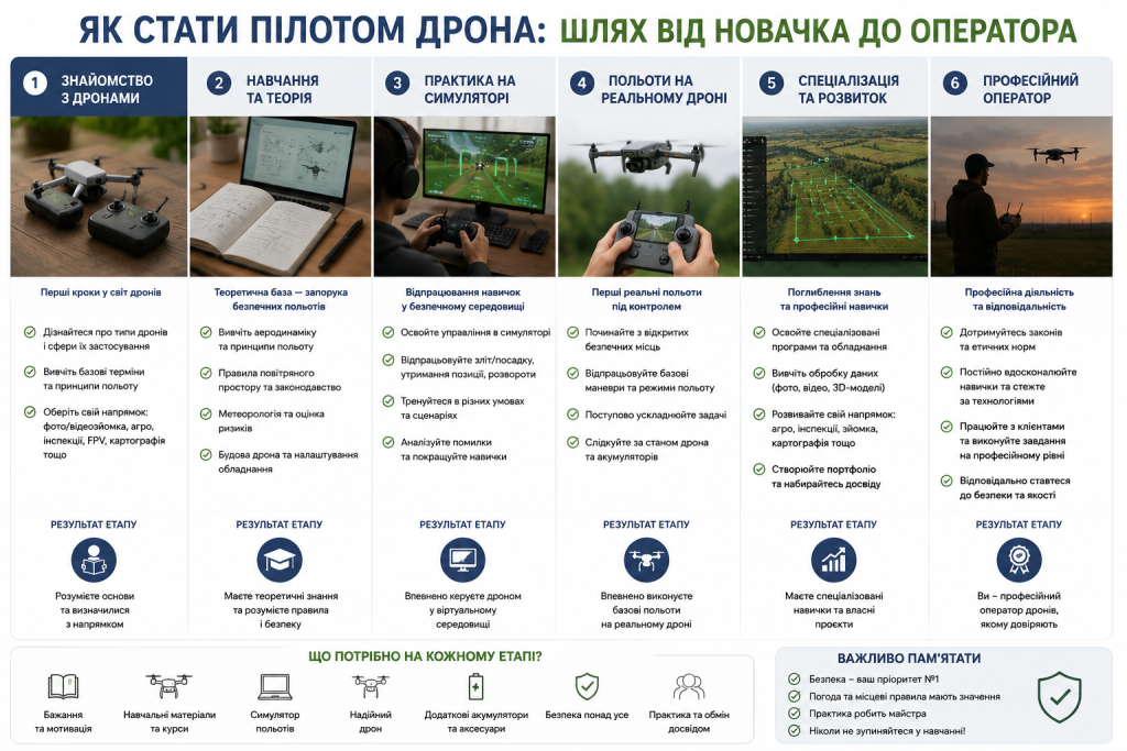 Інфографіка про етапи навчання пілота дрона від знайомства з квадрокоптерами до професійної роботи.