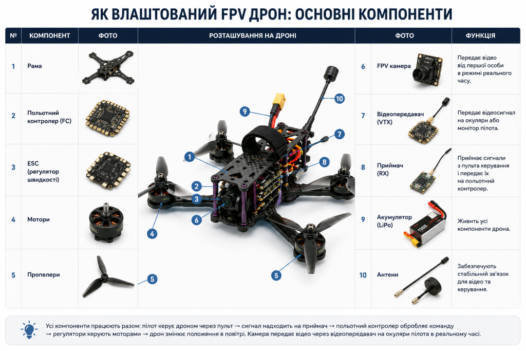 Інфографіка з будовою FPV-дрона, що показує раму, польотний контролер, ESC, мотори, пропелери, камеру, відеопередавач, приймач, акумулятор і антени.