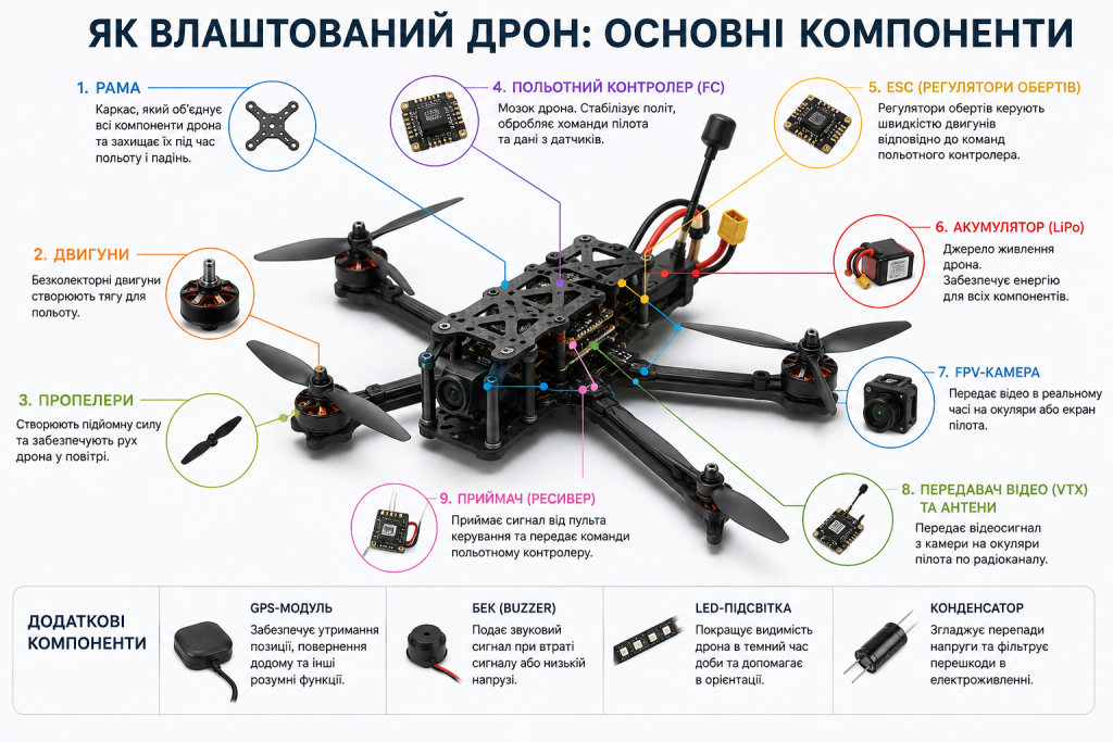 Інфографіка з будовою FPV-дрона, позначенням рами, двигунів, пропелерів, контролера, камери, акумулятора та інших компонентів.