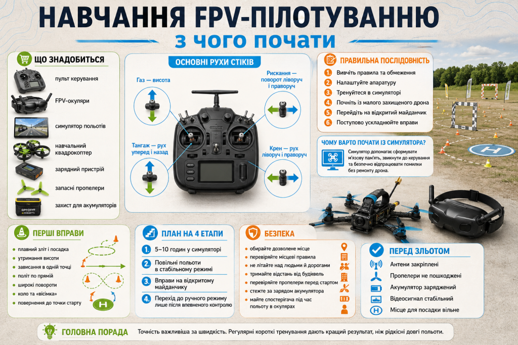 Інфографіка про навчання FPV-пілотуванню, керування дроном, перші вправи, обладнання та правила безпеки.