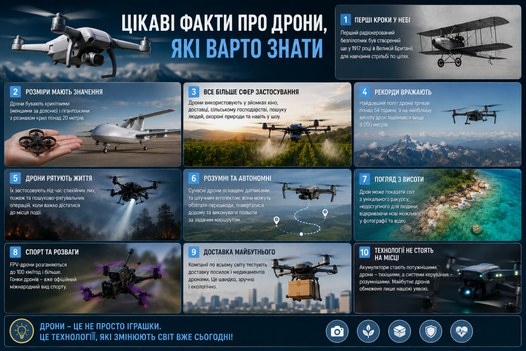 Інфографіка з цікавими фактами про історію, розміри, застосування, рекорди, автономність, спорт і майбутнє сучасних дронів.