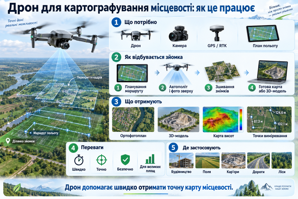 Інфографіка про картографування місцевості дроном, планування польоту, аерозйомку, створення ортофотоплану та 3D-моделі.