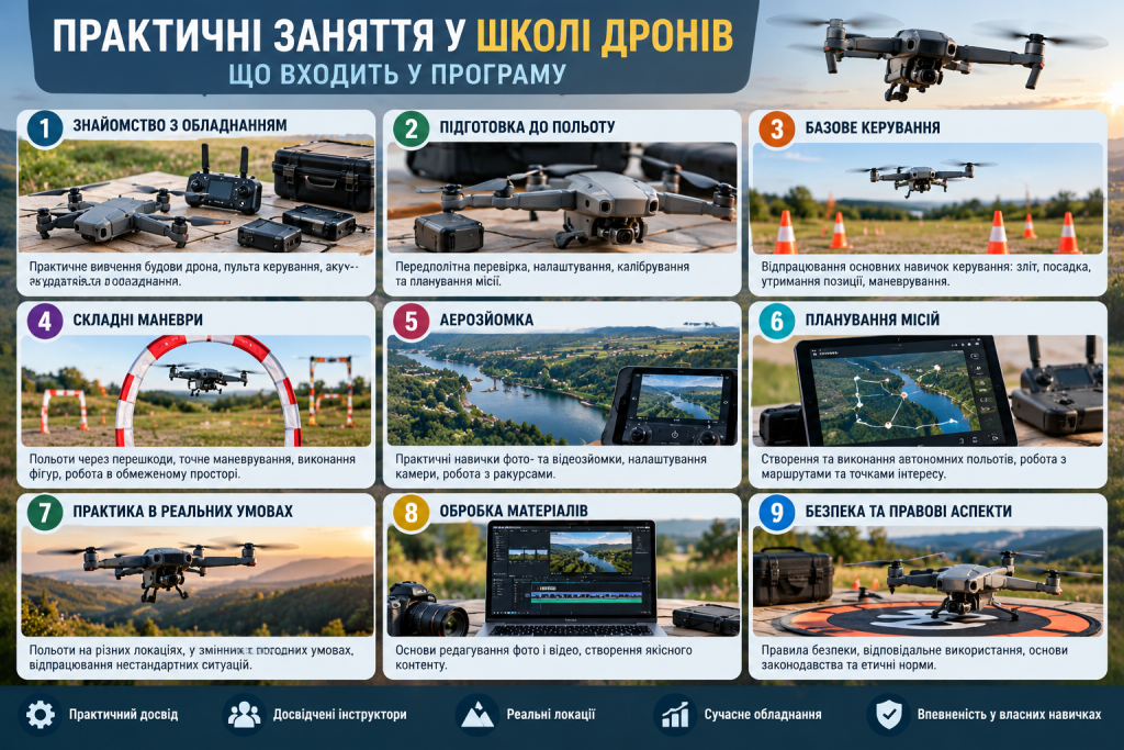Інфографіка про практичні заняття у школі дронів, керування, маневри, аерозйомку, планування місій і правила безпеки.