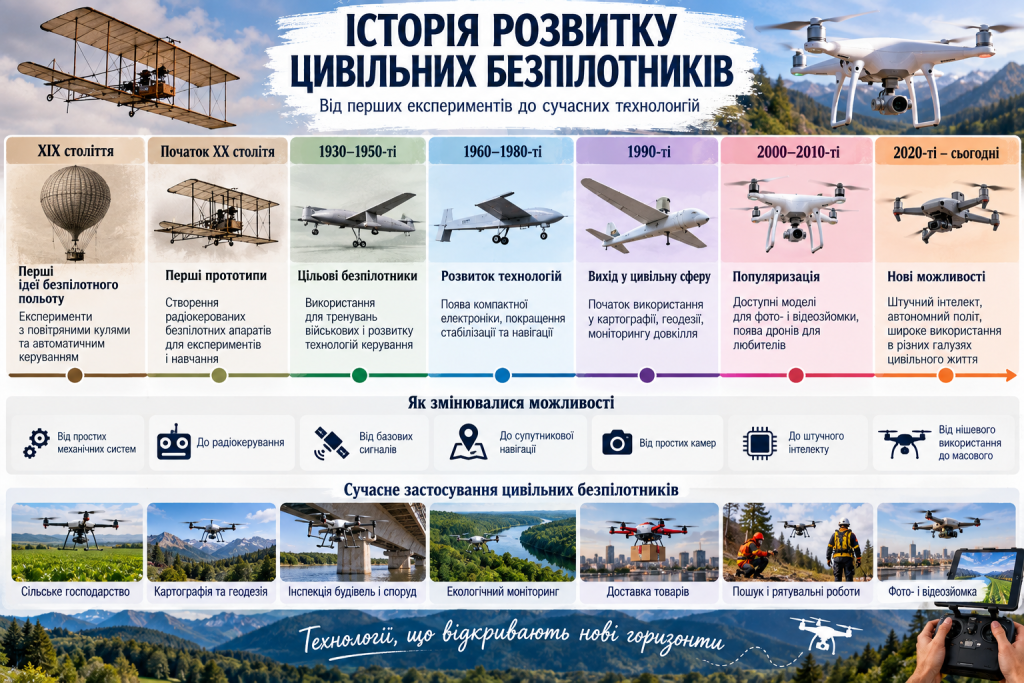 Інфографіка про історію розвитку цивільних безпілотників від перших літальних апаратів до сучасних дронів та сфер їх застосування