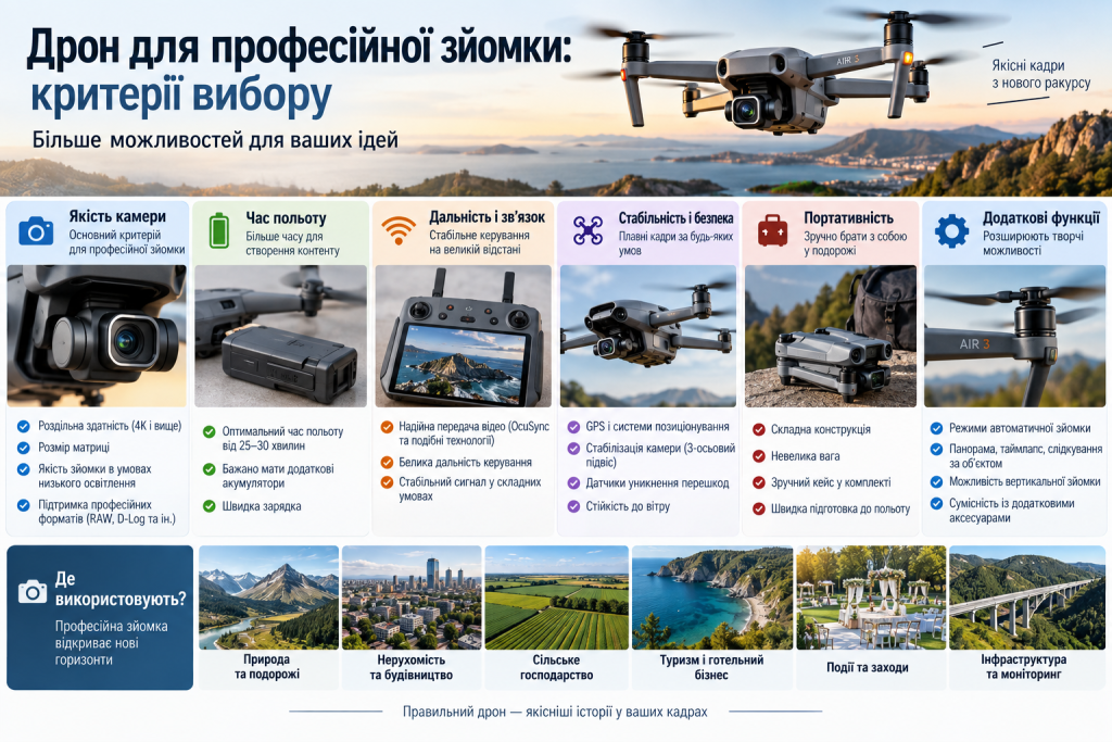 Інфографіка про вибір дрона для професійної зйомки з критеріями якості камери, часу польоту, дальності зв’язку, стабільності та додаткових функцій.