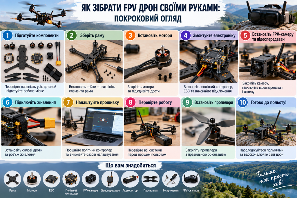 Інфографіка з покроковим складанням FPV-дрона своїми руками, основними компонентами, електронікою та налаштуванням